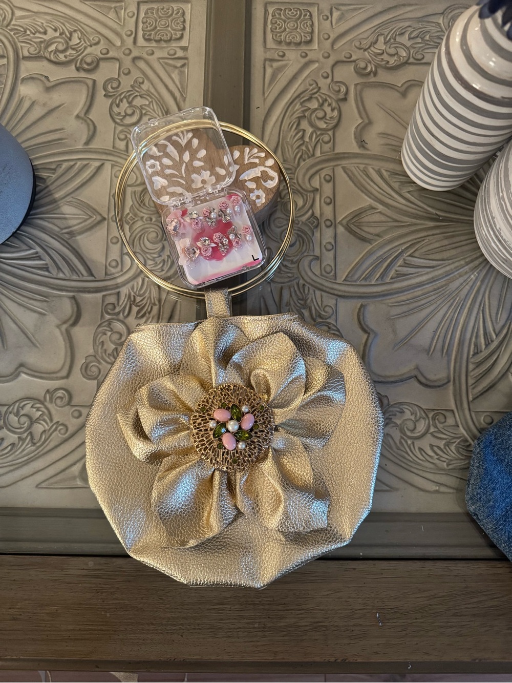 Bonita Bolos made by Yvonne Gold Floral Wristlet Clutch with Pink Accent